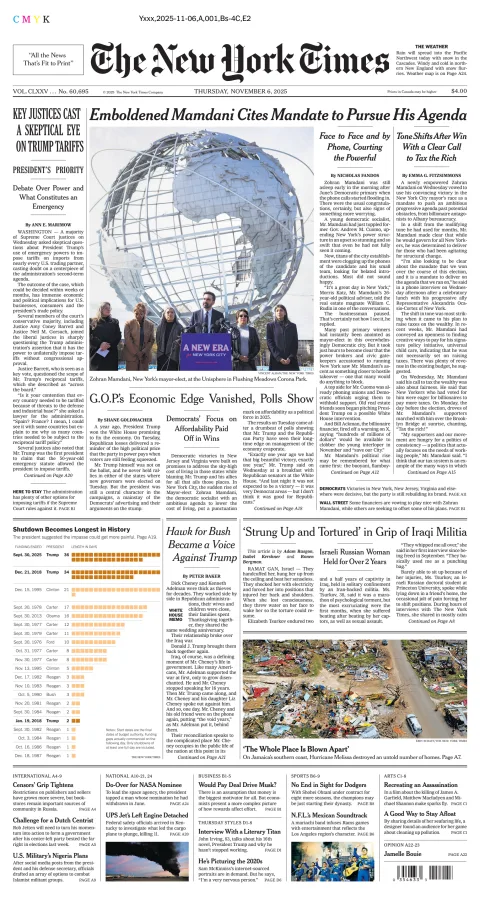Portada de The New York Times (national) del jueves, 6 de noviembre de 2025