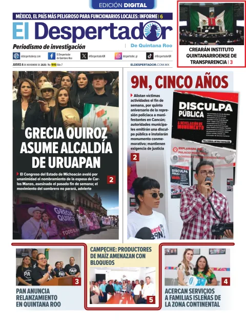 Portada de El Despertador de Quintana Roo del jueves, 6 de noviembre de 2025