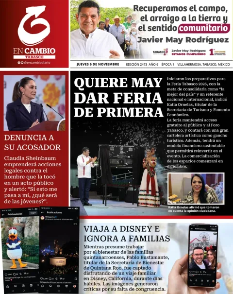 Portada de En Cambio - Tabasco (portada) del jueves, 6 de noviembre de 2025