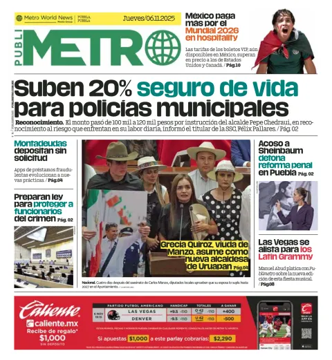 Portada de Publimetro Puebla del jueves, 6 de noviembre de 2025