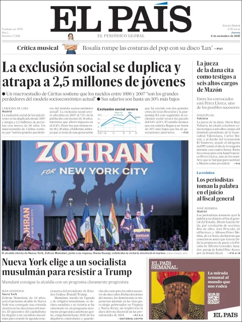 Portada de El Pais del jueves, 6 de noviembre de 2025