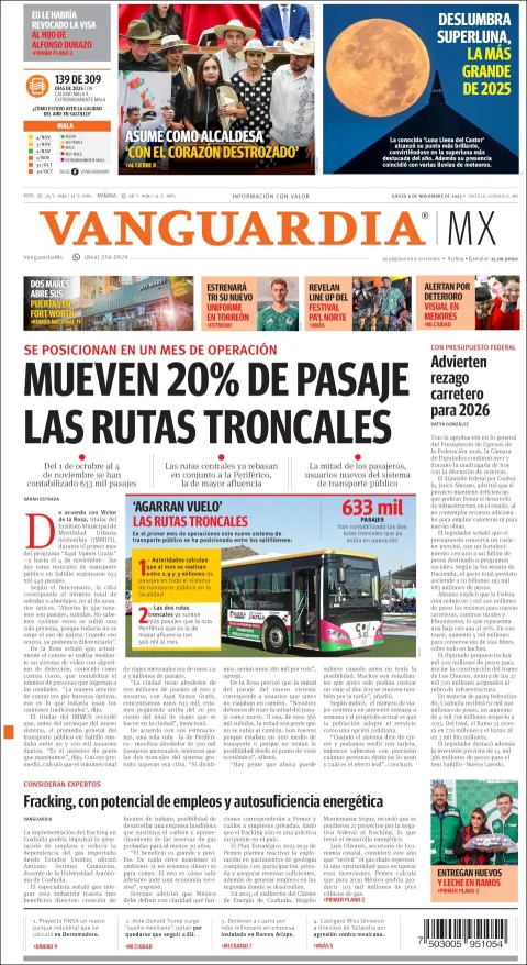 Portada de Vanguardia del jueves, 6 de noviembre de 2025