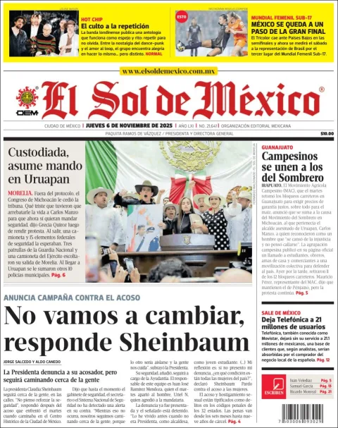 Portada de El Sol de Mexico del jueves, 6 de noviembre de 2025