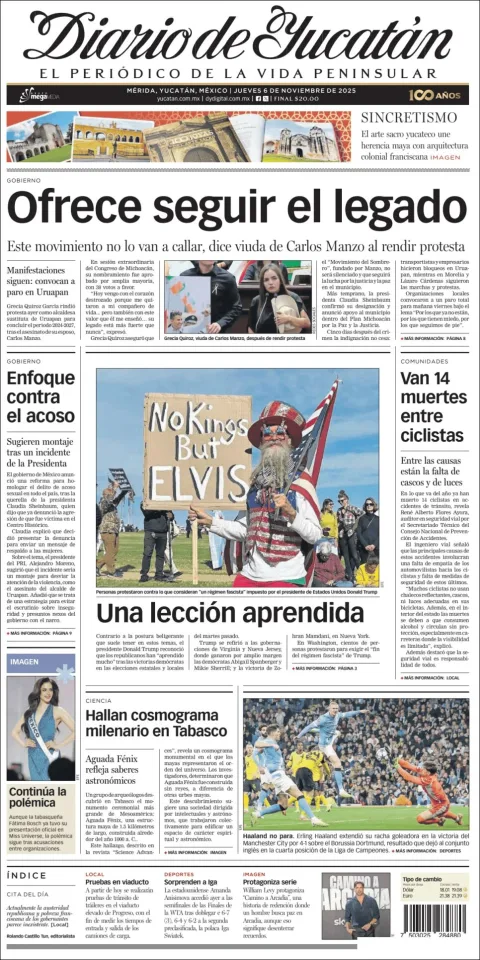Portada de Diario de Yucatán del jueves, 6 de noviembre de 2025