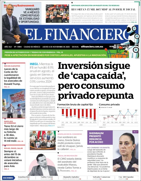 Portada de El Financiero del jueves, 6 de noviembre de 2025