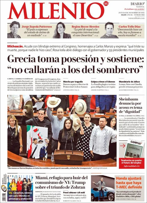 Portada de Milenio del jueves, 6 de noviembre de 2025