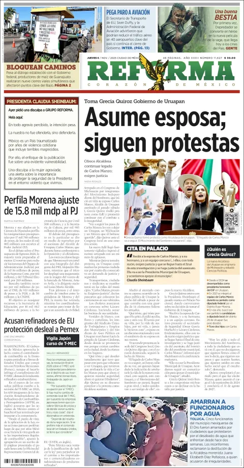 Portada de Reforma del jueves, 6 de noviembre de 2025