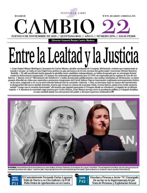 Portada de Diario Cambio 22 (portada) del jueves, 6 de noviembre de 2025