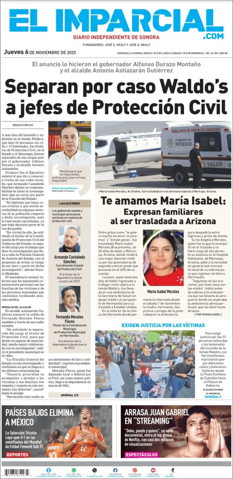 Portada de El Imparcial del jueves, 6 de noviembre de 2025
