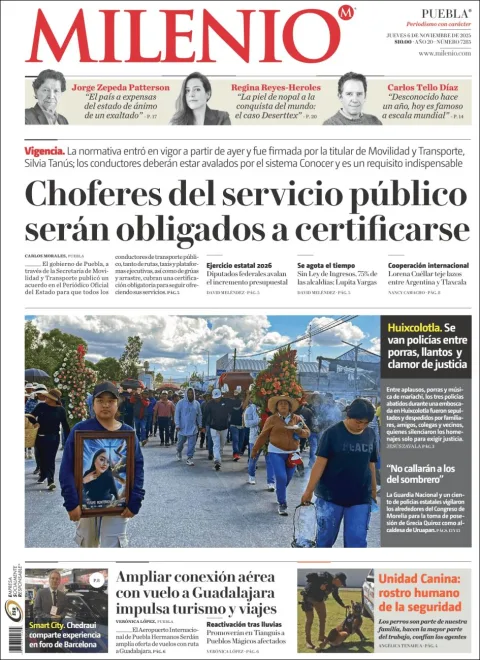 Portada de Milenio Puebla del jueves, 6 de noviembre de 2025