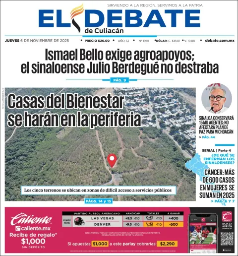 Portada de El Debate de Culiacan del jueves, 6 de noviembre de 2025