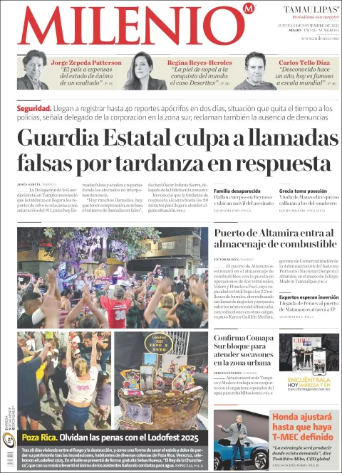 Portada de Milenio Tamaulipas del jueves, 6 de noviembre de 2025