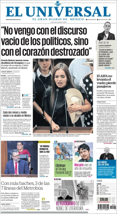 Portada de El Universal del jueves, 6 de noviembre de 2025