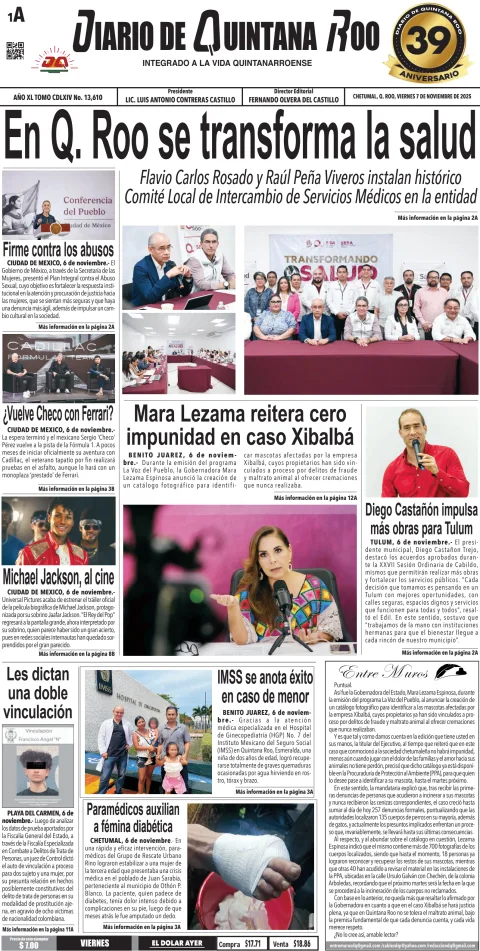 Portada de Diario de Quintana Roo (portada) del viernes, 7 de noviembre de 2025