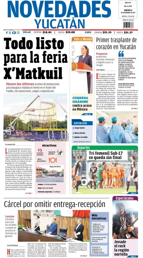 Portada de Novedades Yucatan del jueves, 6 de noviembre de 2025