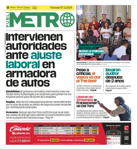 Portada de Publimetro Puebla del viernes, 7 de noviembre de 2025