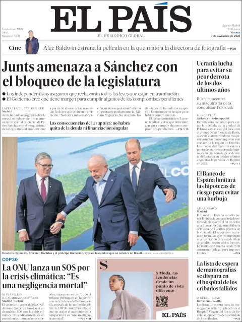 Portada de El Pais del viernes, 7 de noviembre de 2025