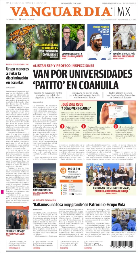 Portada de Vanguardia del viernes, 7 de noviembre de 2025