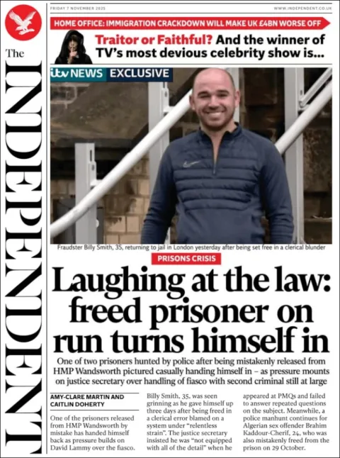 Portada de The Independent del viernes, 7 de noviembre de 2025