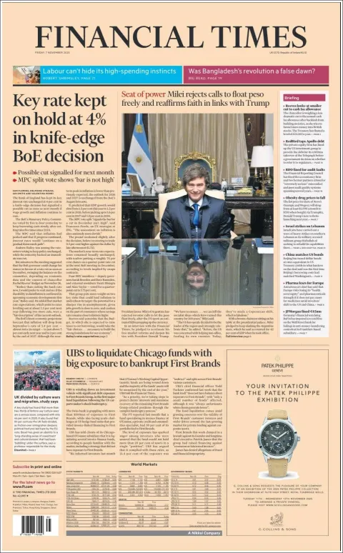 Portada de Financial Times del viernes, 7 de noviembre de 2025