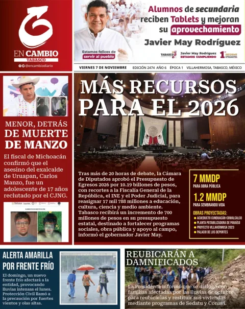 Portada de En Cambio - Tabasco (portada) del viernes, 7 de noviembre de 2025