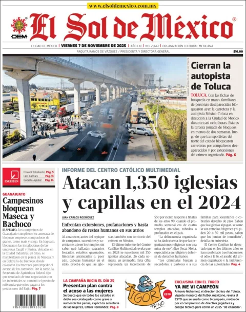 Portada de El Sol de Mexico del viernes, 7 de noviembre de 2025