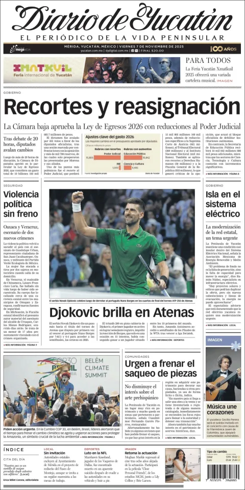 Portada de Diario de Yucatán del viernes, 7 de noviembre de 2025
