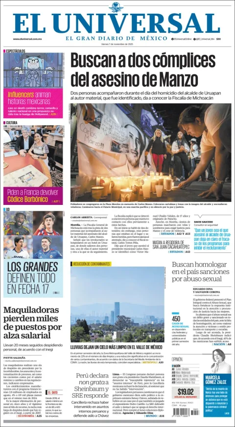 Portada de El Universal del viernes, 7 de noviembre de 2025