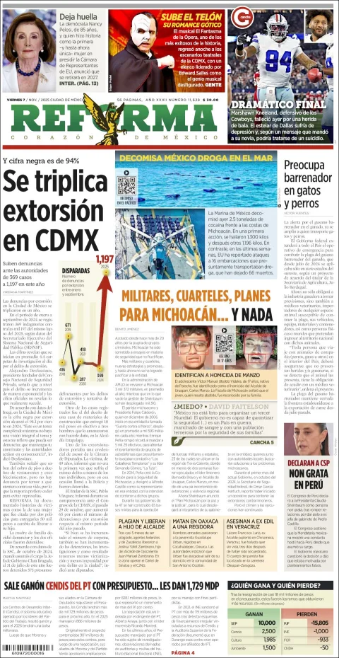Portada de Reforma del viernes, 7 de noviembre de 2025