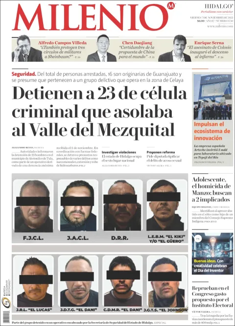 Portada de Milenio Hidalgo del viernes, 7 de noviembre de 2025