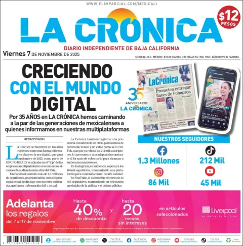 Portada de La Cronica del viernes, 7 de noviembre de 2025
