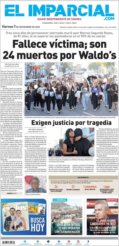 Portada de El Imparcial del viernes, 7 de noviembre de 2025