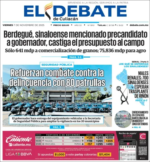Portada de El Debate de Culiacan del viernes, 7 de noviembre de 2025