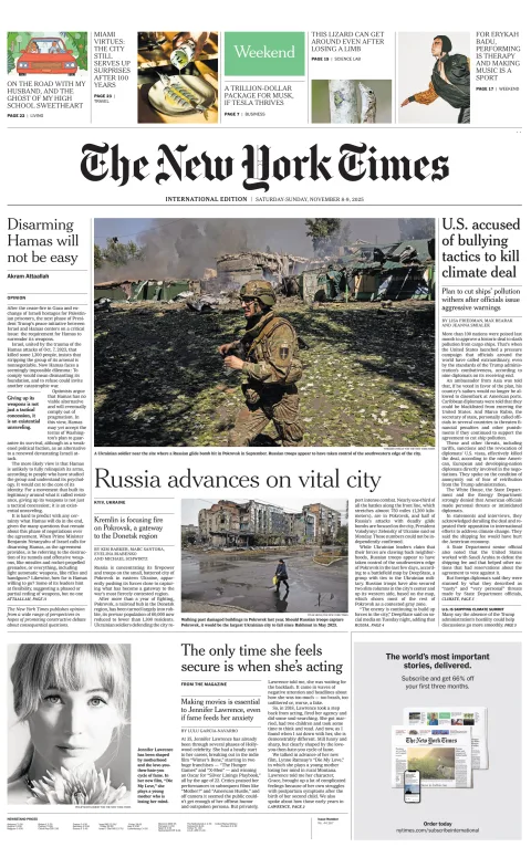 Portada de The New York Times (international) del sábado, 8 de noviembre de 2025