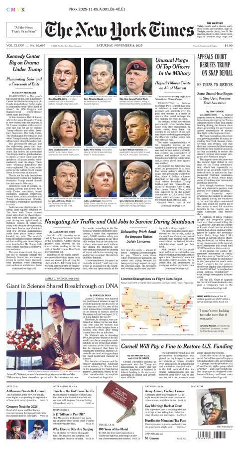 Portada de The New York Times (new York) del sábado, 8 de noviembre de 2025