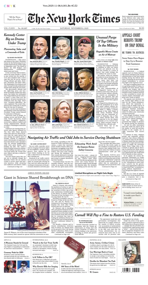 Portada de The New York Times (national) del sábado, 8 de noviembre de 2025