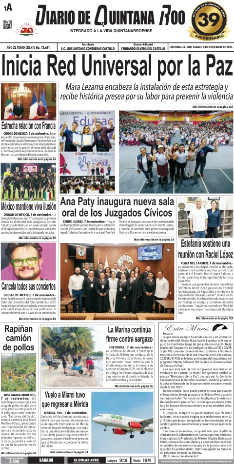 Portada de Diario de Quintana Roo (portada) del sábado, 8 de noviembre de 2025