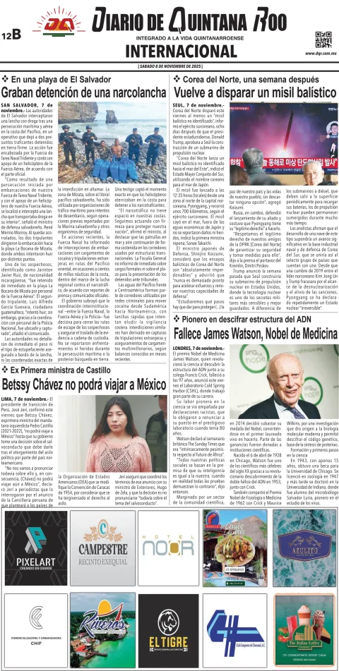 Portada de Diario de Quintana Roo (contra Portada) del sábado, 8 de noviembre de 2025