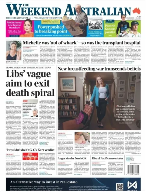 Portada de The Australian del sábado, 8 de noviembre de 2025