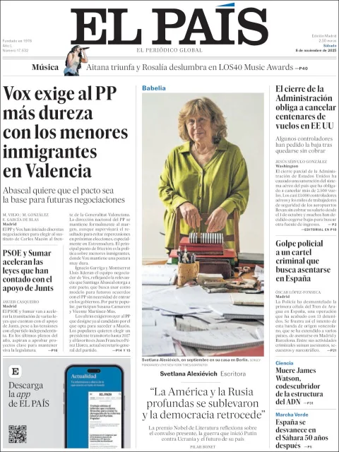 Portada de El Pais del sábado, 8 de noviembre de 2025