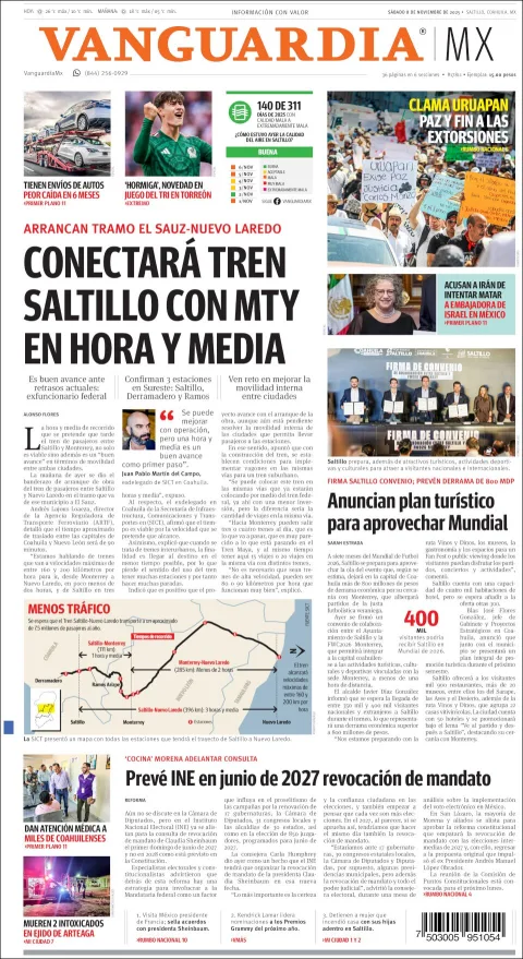 Portada de Vanguardia del sábado, 8 de noviembre de 2025