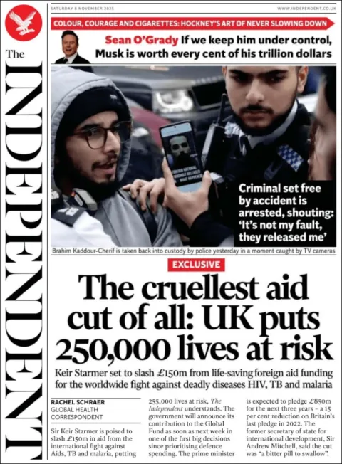 Portada de The Independent del sábado, 8 de noviembre de 2025