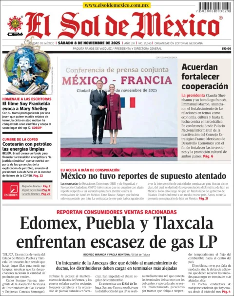 Portada de El Sol de Mexico del sábado, 8 de noviembre de 2025