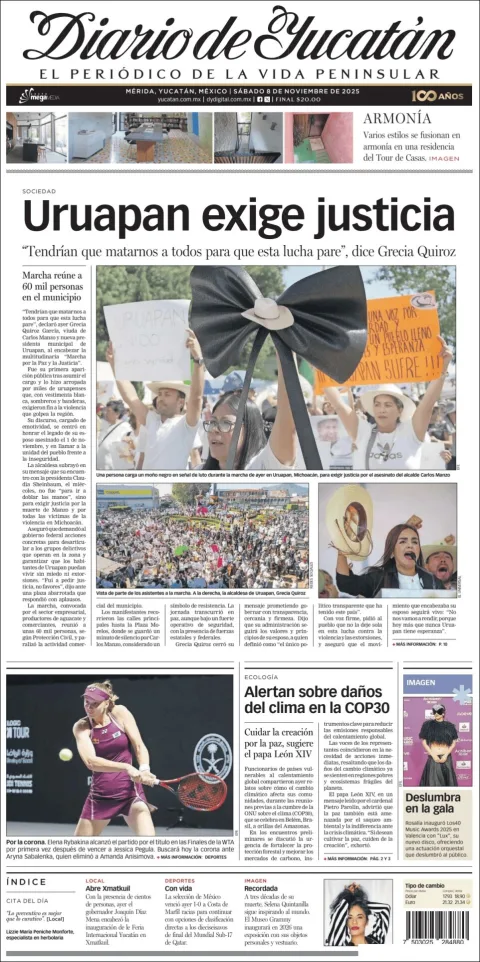 Portada de Diario de Yucatán del sábado, 8 de noviembre de 2025
