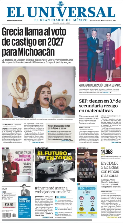 Portada de El Universal del sábado, 8 de noviembre de 2025