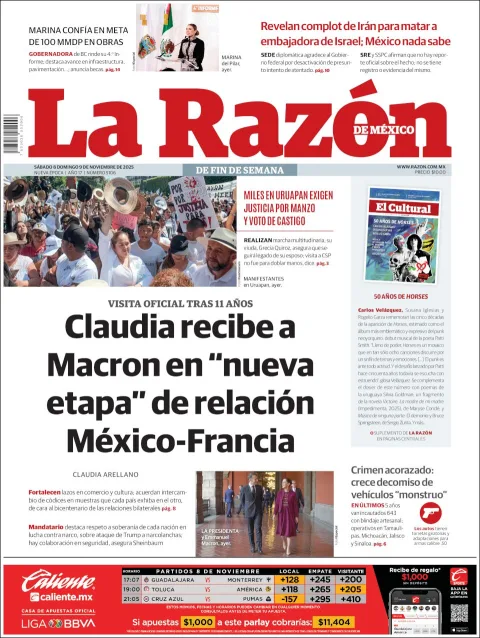 Portada de La Razon del sábado, 8 de noviembre de 2025