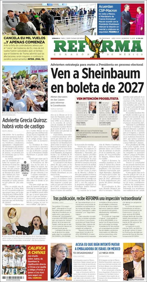 Portada de Reforma del sábado, 8 de noviembre de 2025