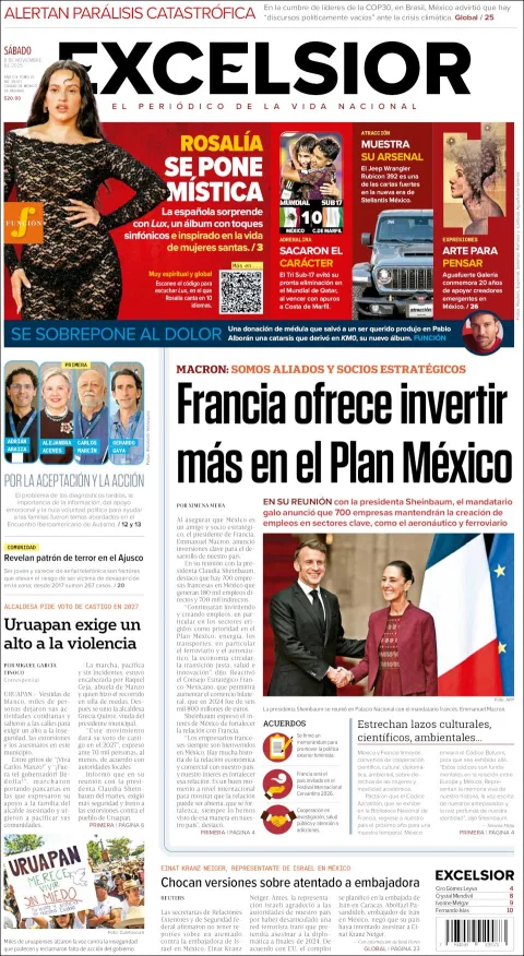 Portada de Excelsior del sábado, 8 de noviembre de 2025