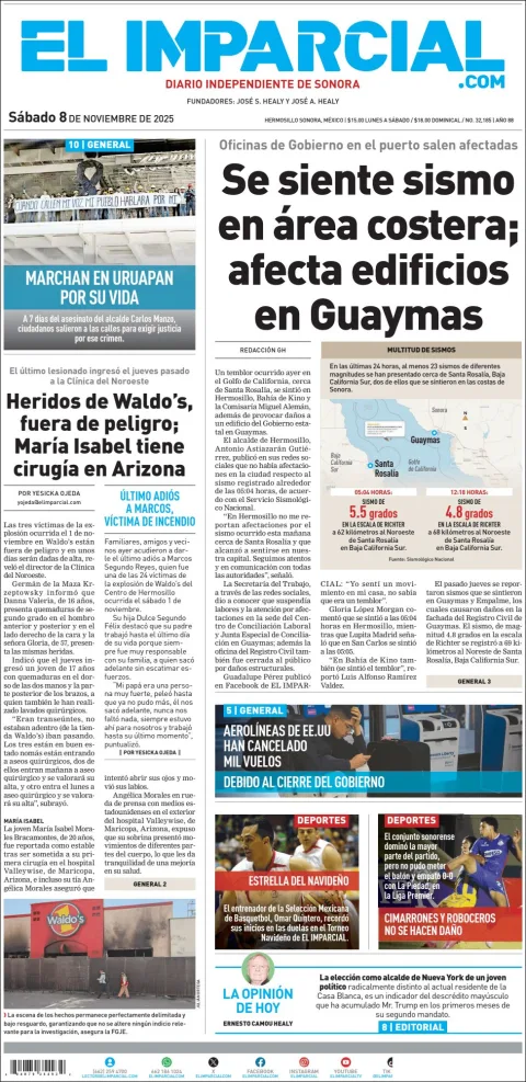 Portada de El Imparcial del sábado, 8 de noviembre de 2025