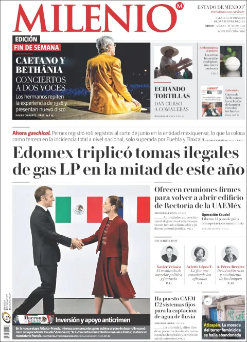 Portada de Milenio Edo de Mexico del sábado, 8 de noviembre de 2025